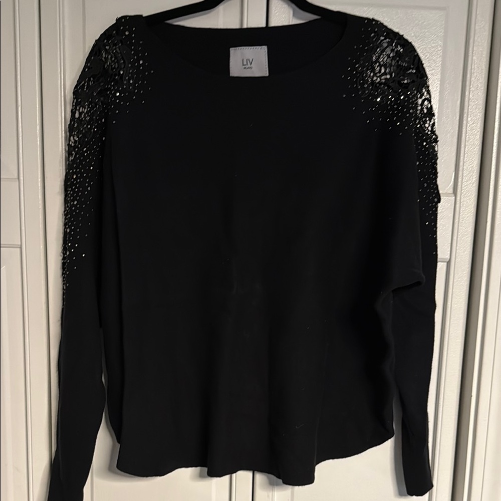 Black Embellished Hoodie with Lace Accents